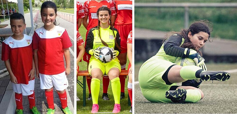 Bildcollage Kollegin auf dem Fussballplatz und im Tor